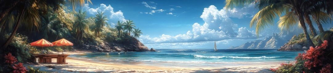 Obraz premium Tropical Beach Bar with Umbrellas and Palm Trees. Generative AI