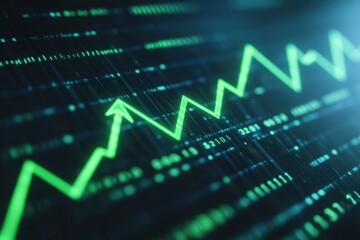 Green arrow indicating growth trend on financial graph with fluctuating data points