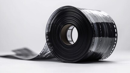 Rolled film reel on white background, studio shot, unfurling, movie production
