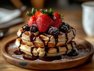 Delightful golden waffles topped with fresh strawberries and drizzled chocolate on a cozy wooden plate. Generative AI