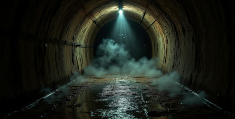 Dark Atmospheric Sewer Tunnel with Light Beam and Fog