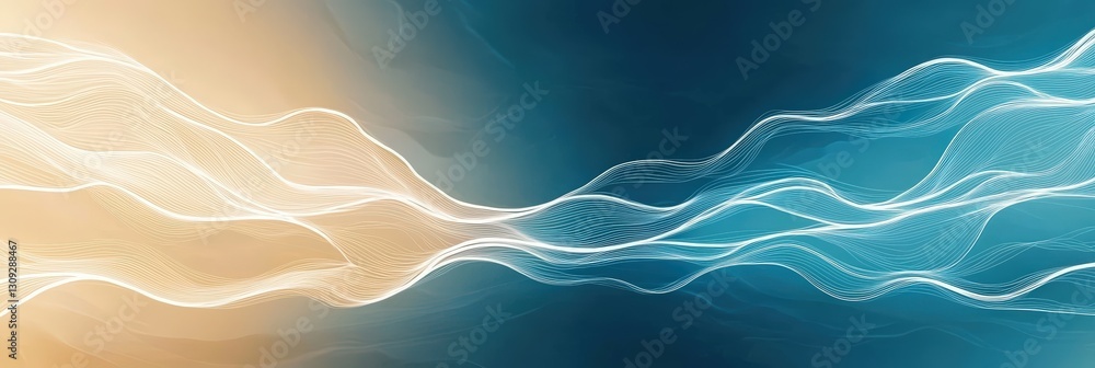 Poster abstract digital art piece featuring two flowing white lines on a gradient background of soft blue a