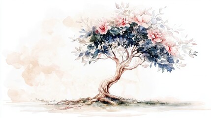 A stunning watercolor artwork depicting a flourishing tree with vibrant blooming flowers lush greenery and a serene ethereal landscape  The image showcases the beauty and tranquility of nature
