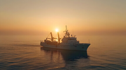 Fototapeta premium Silhouette Of A Ship Sailing Across The Ocean At Sunset With Golden Light And Calm Sea