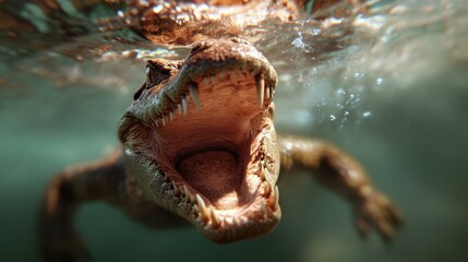 An intense underwater shot of a crocodile, displaying its formidable teeth as it swims, evoking feelings of feral beauty and the raw power of nature's predators.