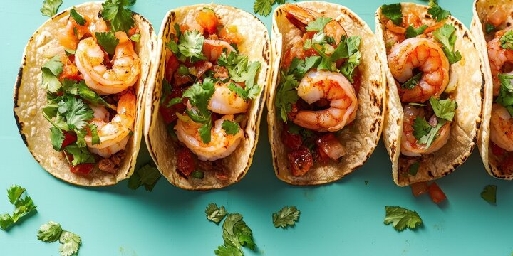 Floating shrimp tacos with fresh toppings on a soft teal background
