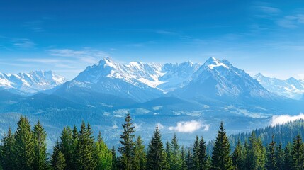 Obraz premium snow-capped mountain range under a clear blue sky, pine trees in the foreground, expansive view offering ample copy space, crisp and serene environment
