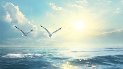 Obraz premium Seagulls circling above a sunlit ocean.