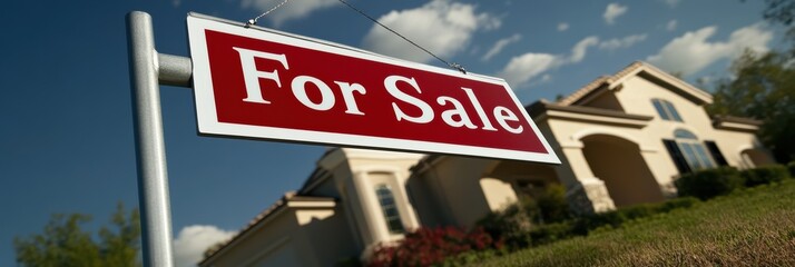 Home for sale sign in front of a beautiful new house with vibrant landscaping