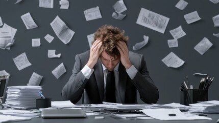 Stressed businessman holding his head at his messy desk, back facing the camera, drowning in paperwork and office files.