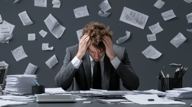 Stressed businessman holding his head at his messy desk, back facing the camera, drowning in paperwork and office files.