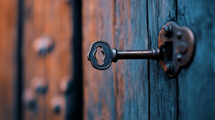 Close-up of a vintage key inserted into an ornate wooden door, with a soft-focus background