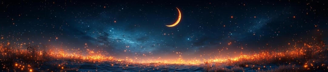 Fototapeta premium Enchanted Winter Night with Fiery Sky and Crescent Moon. Generative AI