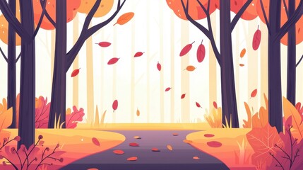 vibrant autumn forest with falling leaves, warm shades of orange, red, and yellow, soft sunlight filtering through branches, wide path creating copy space among trees, seasonal charm