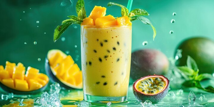 Floating smoothie with mango and passion fruit on a neon green background