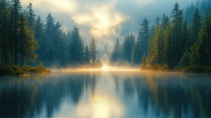 Serene sunrise mist over tranquil lake, pine forest.