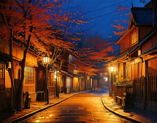 Peaceful Alley in Japan with Autumn Leaves at Dusk