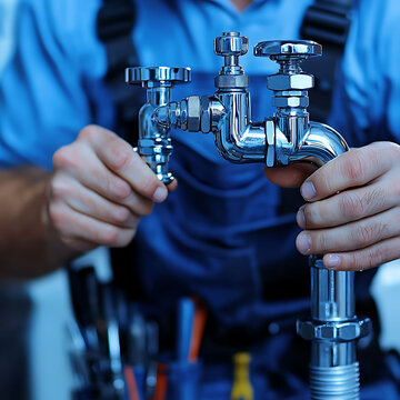 Closeup of a plumbers hands expertly working on a chrome faucet, showcasing precision and professionalism.  Perfect for illustrating plumbing repair, maintenance, or home improvement concepts.