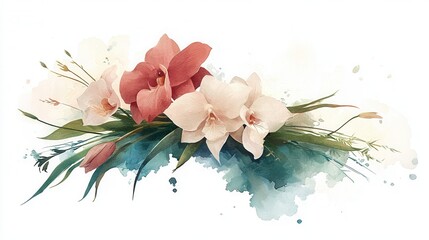 A vibrant and beautiful watercolor bouquet of delicate orchids and roses creating an elegant and romantic floral arrangement  This still life painting can be used for various home office