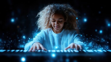 A joyful musician immersed in playing a keyboard, surrounded by magical light, representing the intersection of talent, emotion, and the love for music.