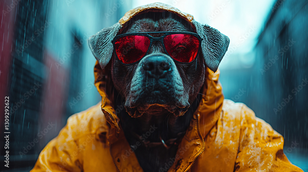 Poster Charming dog donning a bright raincoat captured in a futuristic cyberpunk setting with a playful aesthetic