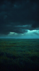 Fototapeta premium A wide, grassy plain with dark storm clouds and lightning in the distance 