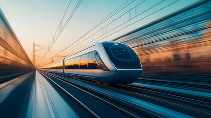 High Speed Train Moving Fast On Railway Track With Orange Sunset Sky In Background
