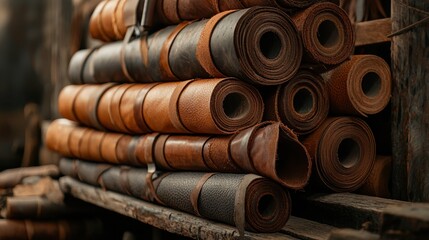 Workshop interior with rolls of fine leather stacked, tailor carefully inspecting textures.