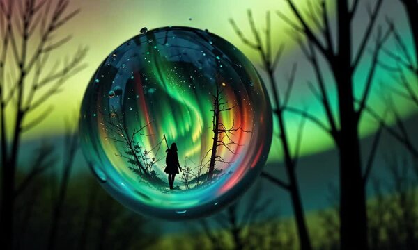 Magical Dreamlike Scene of a Mysterious Silhouette Standing in a Forest Captured Inside a Crystal Sphere with Stunning Northern Lights in the Background. 