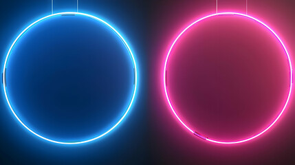Fototapeta premium Dual Glowing Neon Circles in Blue and Pink Against Dark Background Reflecting Abstract Technological Energy