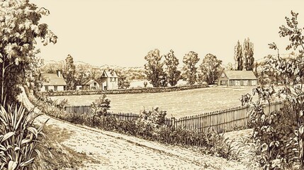 Historic Village Green, Rural Landscape, Pastoral Scene, Vintage Illustration