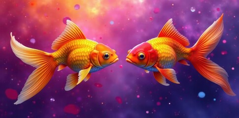 Fototapeta premium Two goldfish, vibrant purple & yellow backdrop, flowing textures, tail, graceful