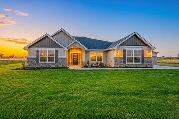Obraz premium Modern newly built home showcases elegant design and well-maintained landscaping at sunset