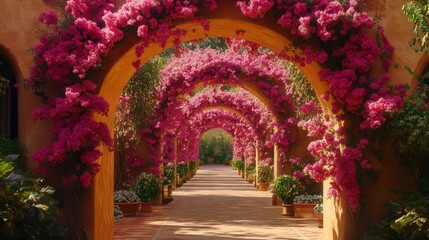 Fototapeta premium Pink Bougainvillea Archway Garden Pathway
