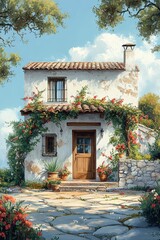 Fototapeta premium Charming white cottage, vibrant flowers, sunny patio.