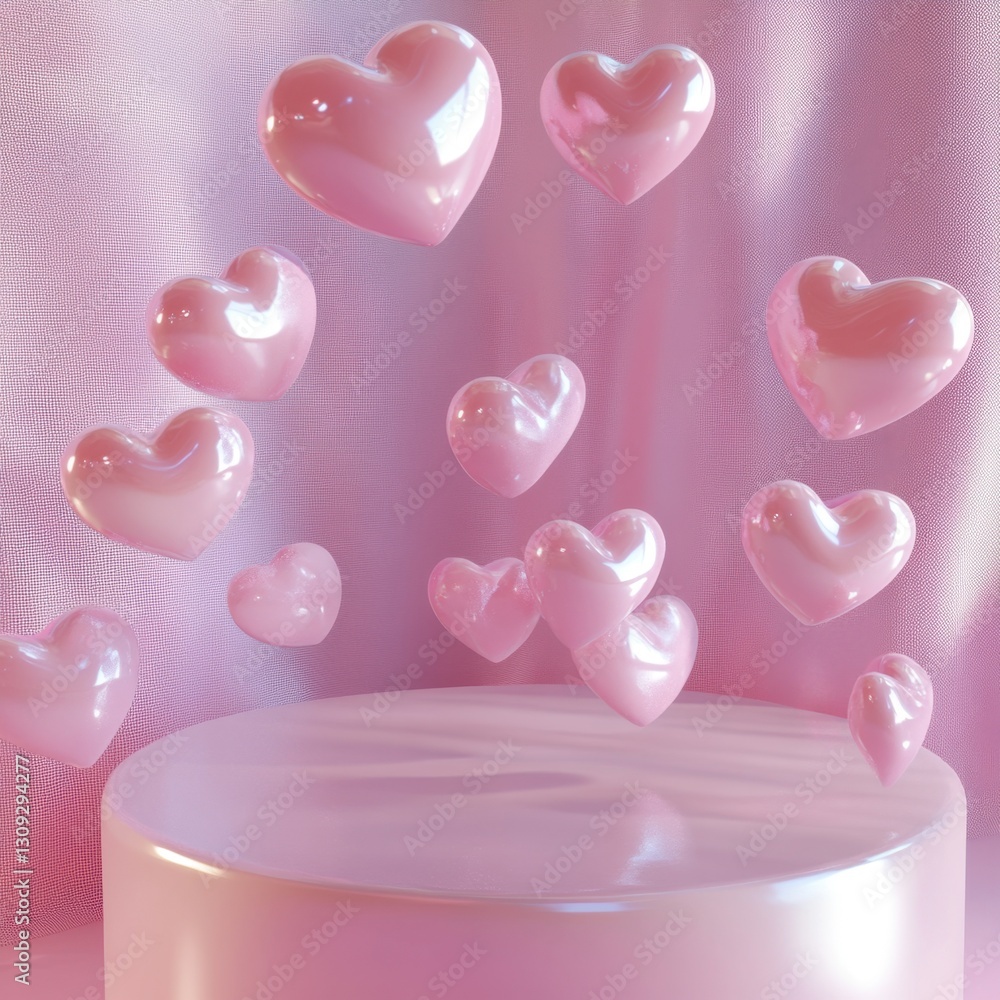 Fototapete high-end 3d valentine's display featuring a premium pink podium, glossy floating hearts, and an ethe