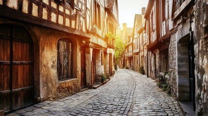 Picturesque medieval european village alleyway at sunset. 3D urban landscape