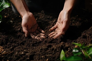 A farmer carefully tends the soil, holding dark earth. His hands are covered in dirt, showing a deep connection with nature. Emphasizing the texture of the soil and the intricate details of his rough,