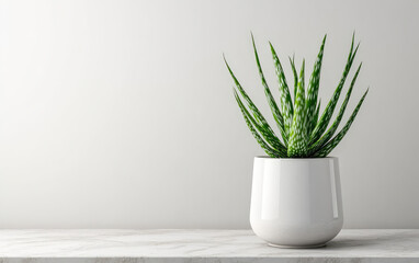 A green aloe vera plant in a sleek white pot sits on a minimalist marble surface against a plain light background.