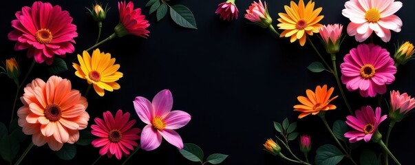 Vibrant blooms, diverse colors, black backdrop, pink, red, purple