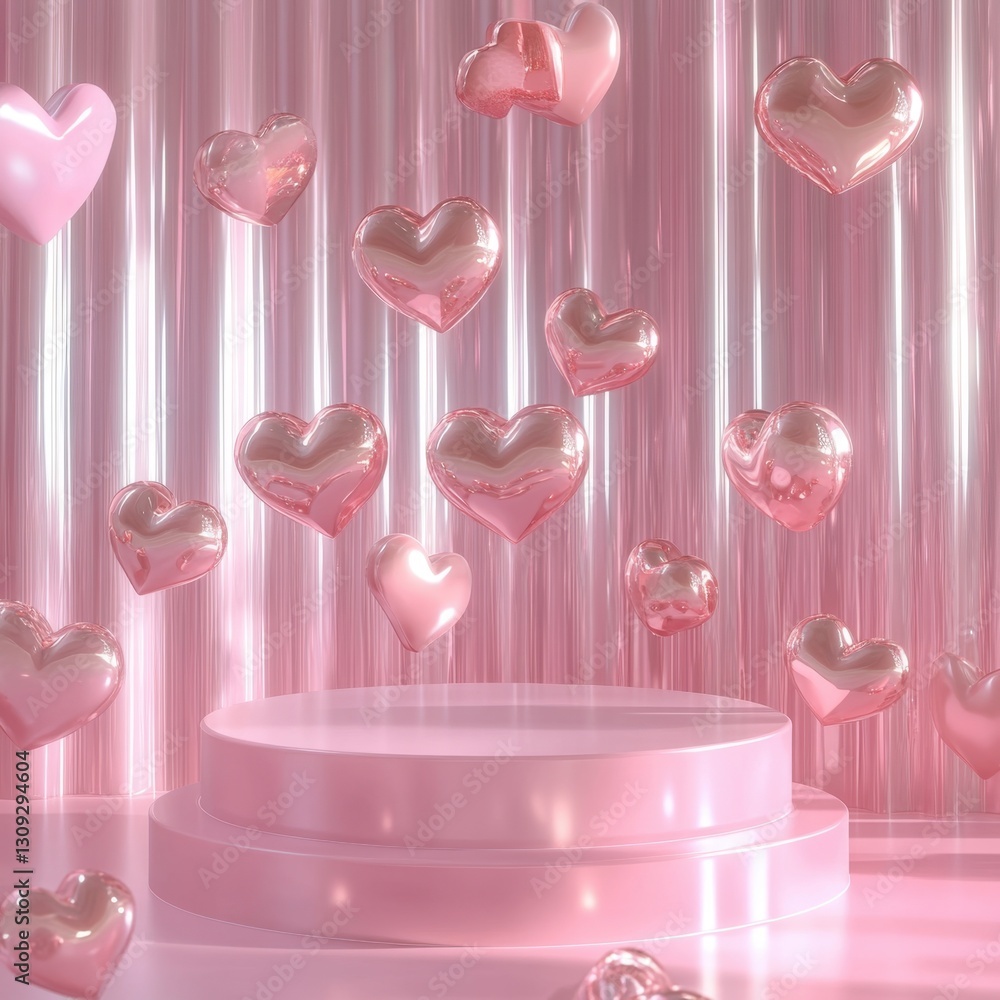 Fototapete high-end 3d valentine's display featuring a premium pink podium, glossy floating hearts, and an ethe