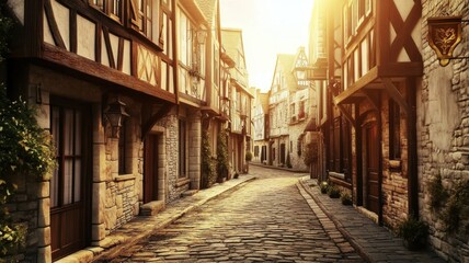 Fototapeta premium Quaint medieval village street at sunset for historical travel inspiration. 3D urban landscape