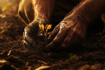 Farmer with is carefully tending to the soil, planting a young seedling in the rich, dark earth. His hands are covered in dirt
