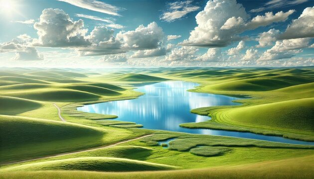 Expansive rolling green hills with a reflective lake under a bright blue sky filled with white clouds.