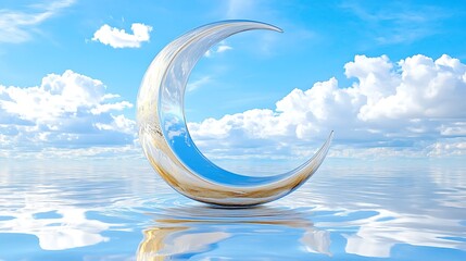 Serene Crescent Moon Sculpture on Calm Water Under a Blue Sky with Clouds