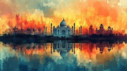 Obraz premium Vibrant artistic painting of the Taj Mahal with bold colors representing India's heritage and pride. Generative AI