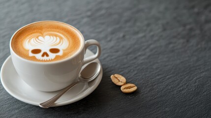 This striking latte art features a creative skull design, making it a unique beverage that blends artistry and caffeine in an intriguing and eye-catching manner.