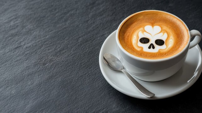 This stylish coffee cup showcases unconventional skull latte art, creating a visually stunning drink that combines creativity with a bold coffee experience for enthusiasts.