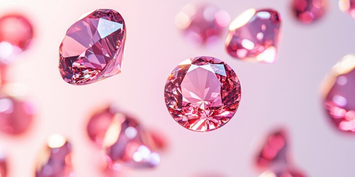 Floating spinel gemstones with a glowing pinkish-red hue on a light lavender background