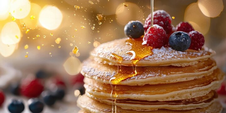 Floating stack of golden pancakes with flying maple syrup drizzles and fresh berries